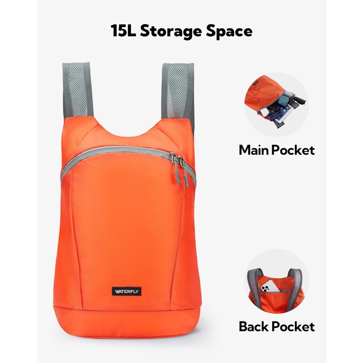 Rucsac de drumetie ambalabil de 15 l, Waterfly, Nylon, Portocaliu