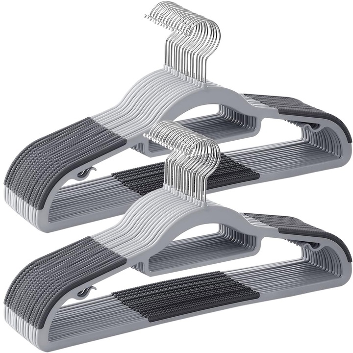 Set de 30 de umerase pentru haine SONGMICS, anti-alunecare, bara de cravata si carlig pivotant, 42cm, gri