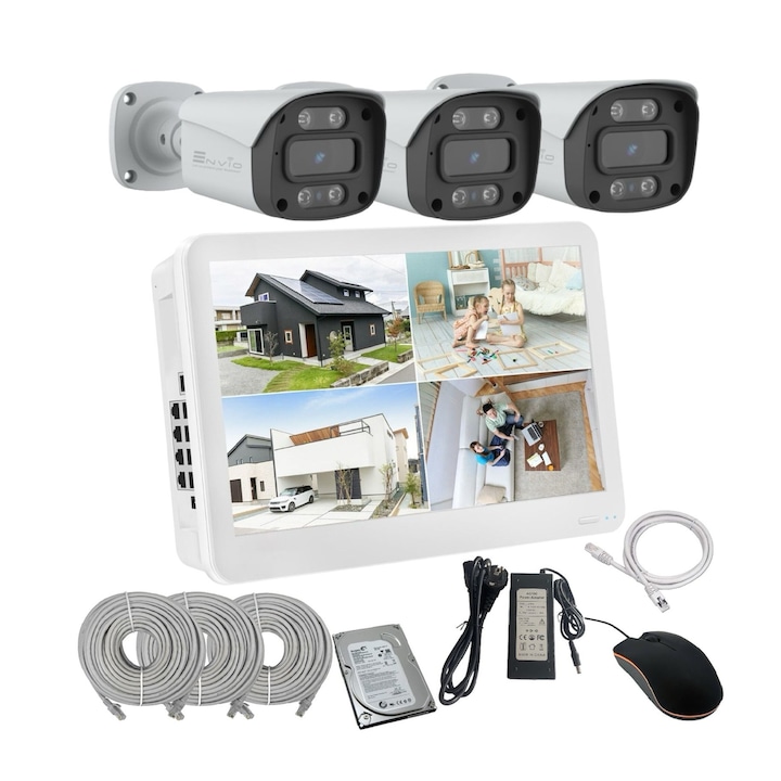 Kit de supraveghere video ENVIO complet IP POE cu 7 camere FULL COLOR 4MP PESS-KIT7CHMBFP60H400-WHDD