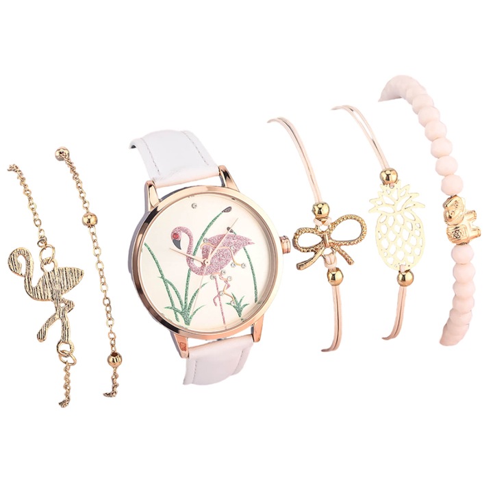 Комплект дамски часовник и гривна MBrands, механизъм Seiko pc21s - Бял