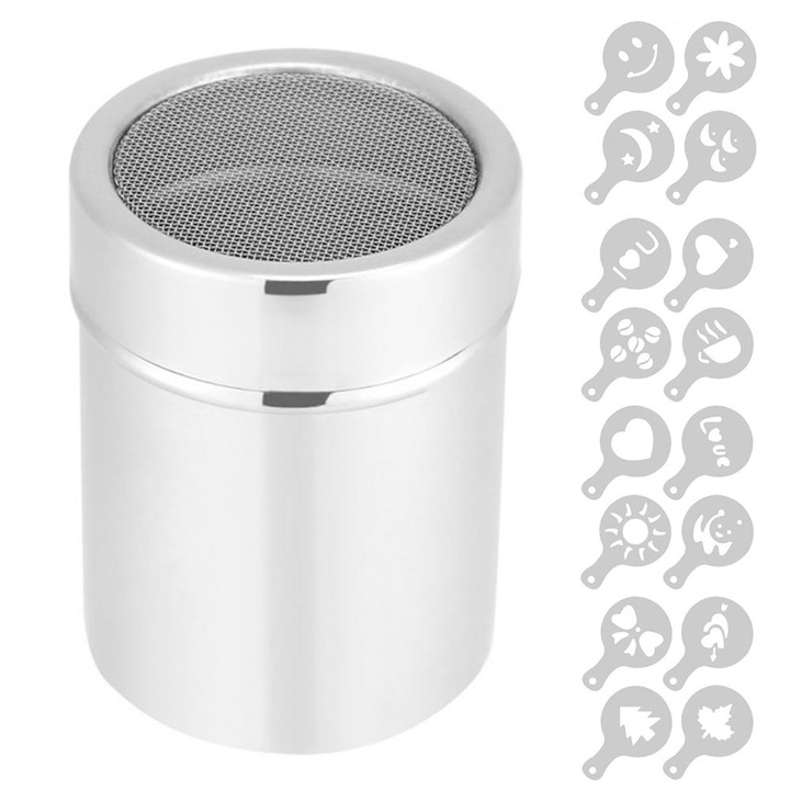 Set 17 piese sita inox pentru pudra zahar cacao si sabloane cafea, Argintiu