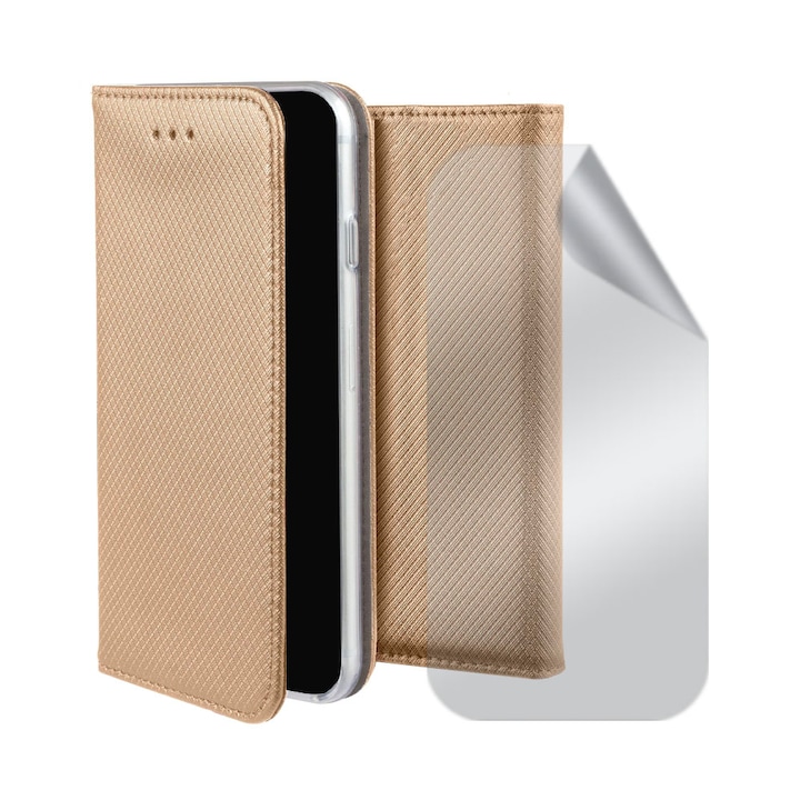 Átlátszó regenerálható hidrogél fólia készlet és texturált bőr flip tok Xiaomi Redmi Note 12 Pro 4g / Note 11 Pro 4g / 5g készülékhez, kártyatartó zseb, nagy átlátszóság, állvány funkció, mágneses záródás, kijelző és hátlap, 360 teljes fedél, arany