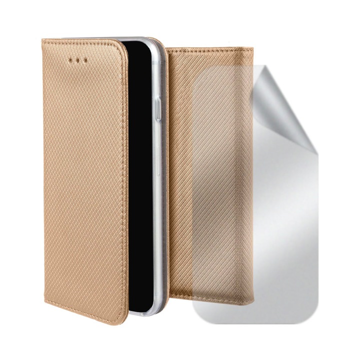 Matt regenerálható hidrogél fóliakészlet és texturált bőr kihajtható tok OPPO Reno 5 4g / 5g / Find x3 Lite, kártyatartó zseb, ujjlenyomat-mentesítő, állvány funkció, mágneses záródás, kijelző és hátlap, 360 teljes fedél, arany