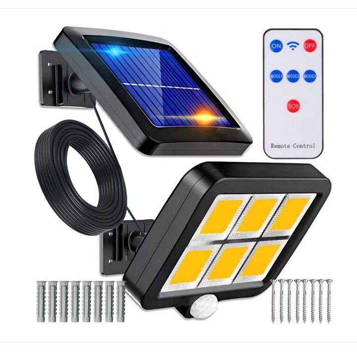 Napelemes lámpa távirányítóval 120 COB LED SIKS, mozgás- és fényérzékelővel, 1200 Mah akkumulátor, 260 LM, kábel 5 M, forgatható napelem, vízálló, fekete