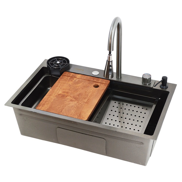 Pachet chiuveta bucatarie, Cleanmann, 75x46 cm, 1 cuva, pe blat, inox fumuriu, Hand Made Tempo Black Series cu Baterie Pull Out, 3 functii, accesorii