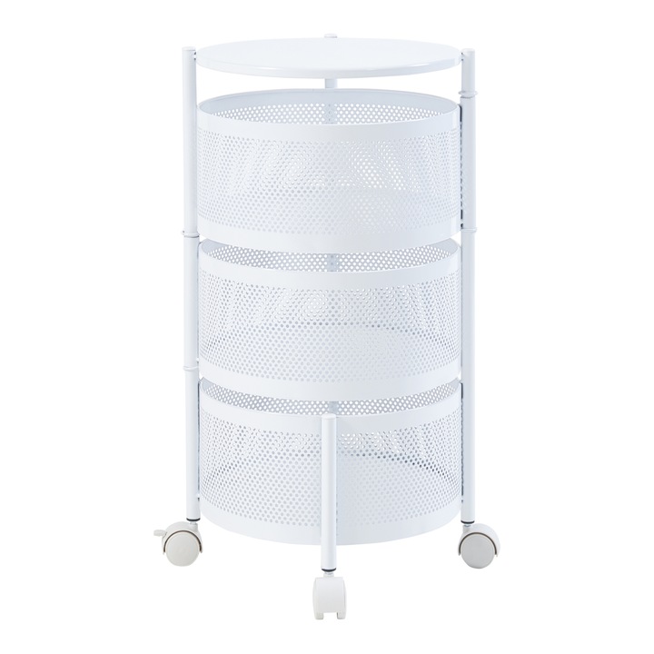 Carucior servire la masa, en.casa, PXBT-0003 Steigen, 59,5 x 33 cm, otel, alb, mobil pe 4 roti, cu 3 cosuri depozitare