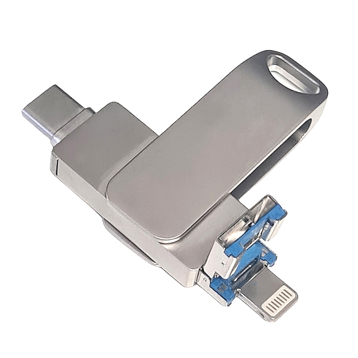 Метална USB памет SIKS, 4 в 1, 256 GB, с USB 3.0, Type-C, USB C и Lightning, въртящ се на 360⁰, водоустойчив, съвместим с телефон/устройства с порт тип C, Lightning и USB C, OTG съвместимост, висока скорост, Сребрист
