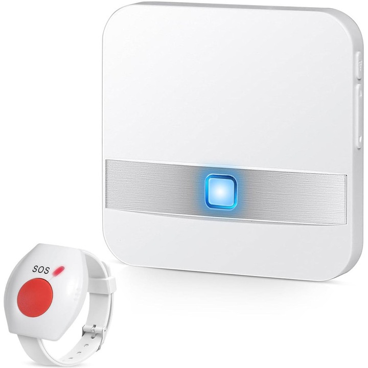 Ceas de panica cu buton SOS si sirena locala, RASK, Distanta 300m, 110db, 52 Melodii, pentru persoane varstnice SmartSafe, Alb