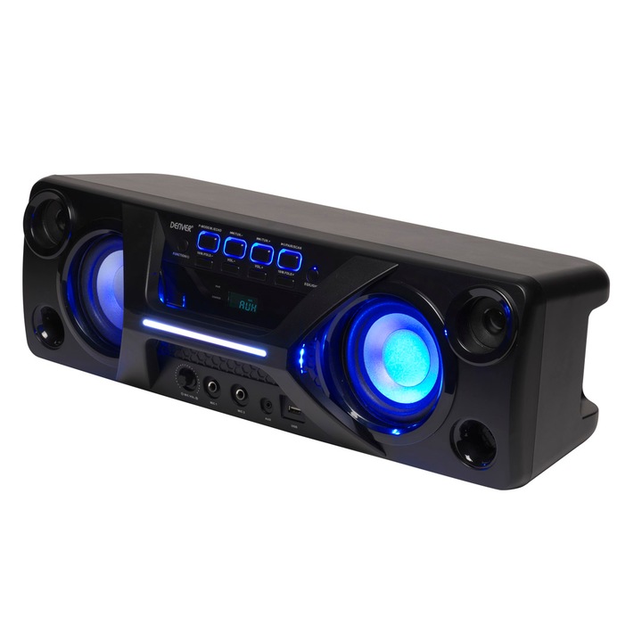 Boxa Portabila DENVER BTB-410, Bluetooth, Radio FM, Lumini Disco, Negru, 245x650x184mm