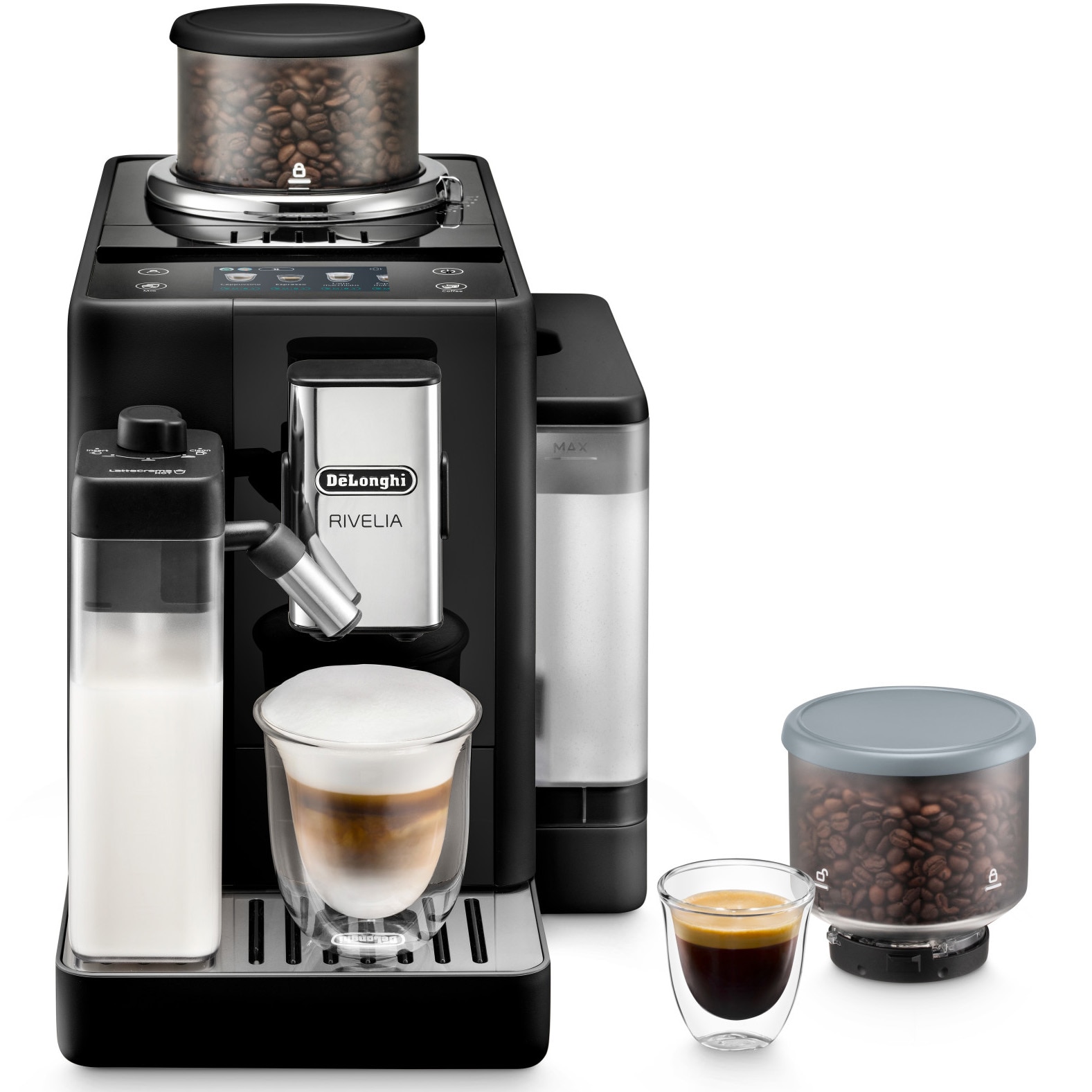 Espressor automat De’Longhi Rivelia EXAM440.55.B, 0132215472, 1450W, 18 tipuri de bauturi, 19 bari, 2 recipiente pentru boabe, Tehnologie Bean Adapt, Carafa de lapte cu tehnologie