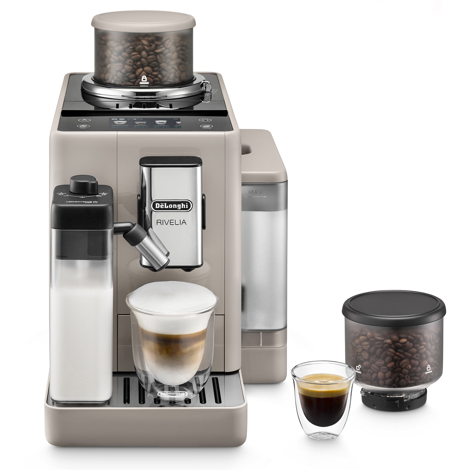 Espressor automat De’Longhi Rivelia EXAM440.55.BG, 0132215474, 1450W, 18 tipuri de bauturi, 19 bari, 2 recipiente pentru boabe, Tehnologie Bean Adapt, Carafa de lapte cu tehnologie