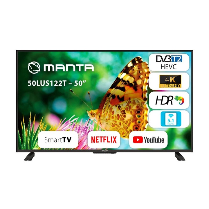 Televizor Smart UHD Manta 50LUS122T, 50 inch, D-LED, 4K, Negru, 300x300 mm