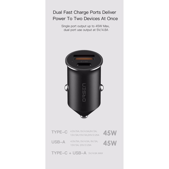 Мини зарядно за кола, Orsen C8, 45W, Черен