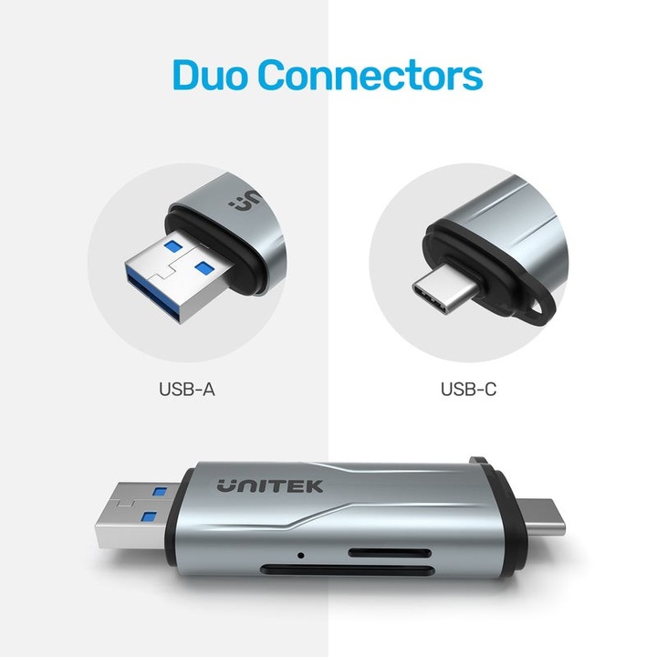 Четец на карти Unitek R1010A, USB 3.2 Gen 1, Type-A/Type-C, сив