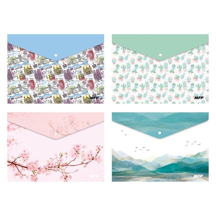 Set de 4 mape tip plic, A4, polipropilena, multicolor