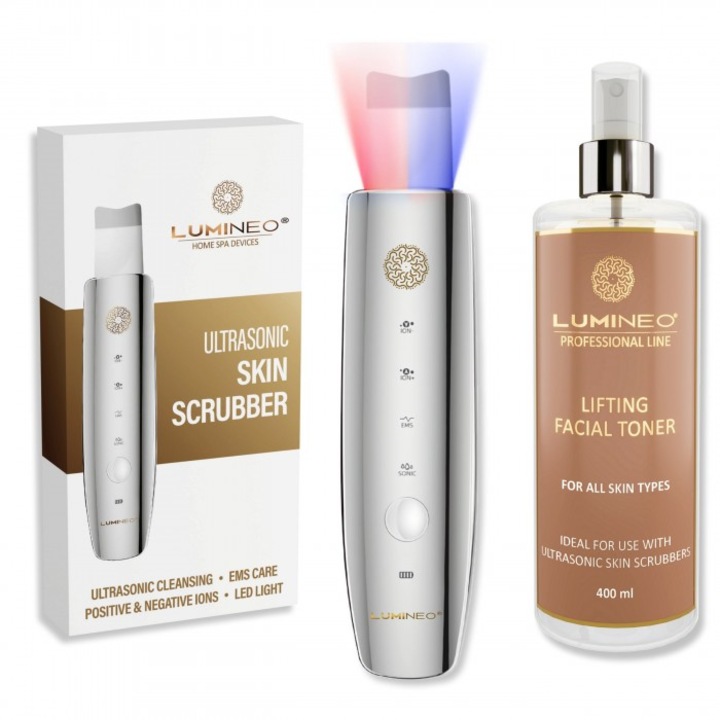 Set aparat intretinere faciala/toner hidratant, Lumineo, USB, LED, IPX5, Argintiu