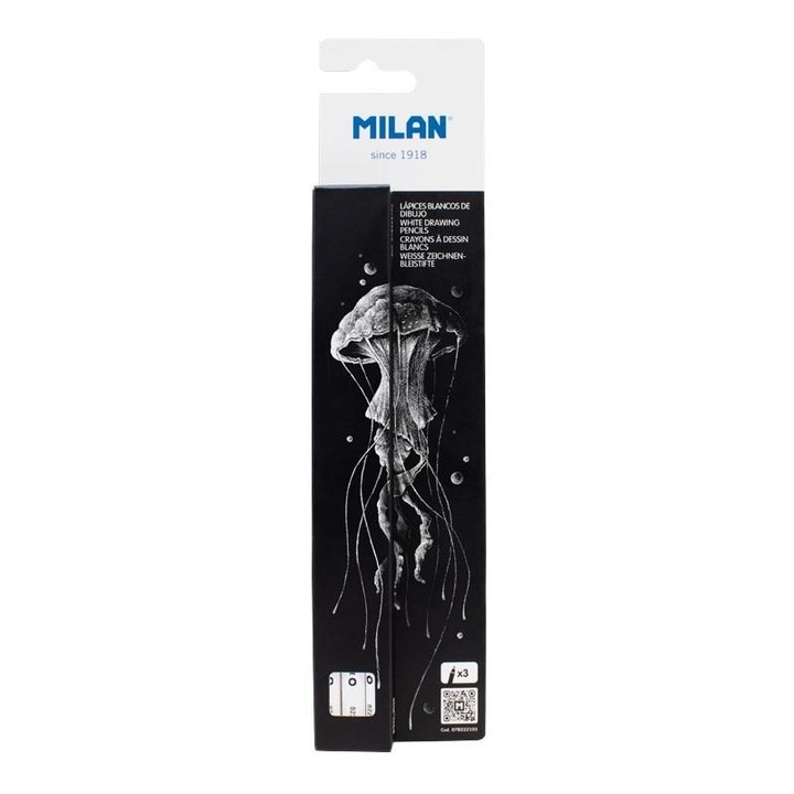 Creioane desen Milan set 3 alb carbune 4mm pentru hartie inchisa la culoare