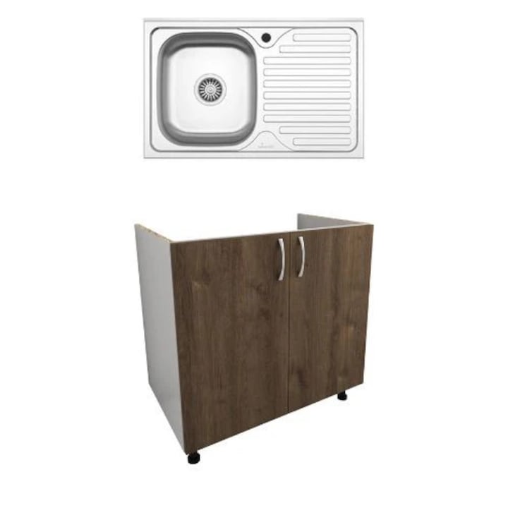 Set Masca Chiuveta haaus Karo, Stejar Bronz/Alb, 80 x 50 x 80 cm, Chiuveta Inox, Cuva stanga