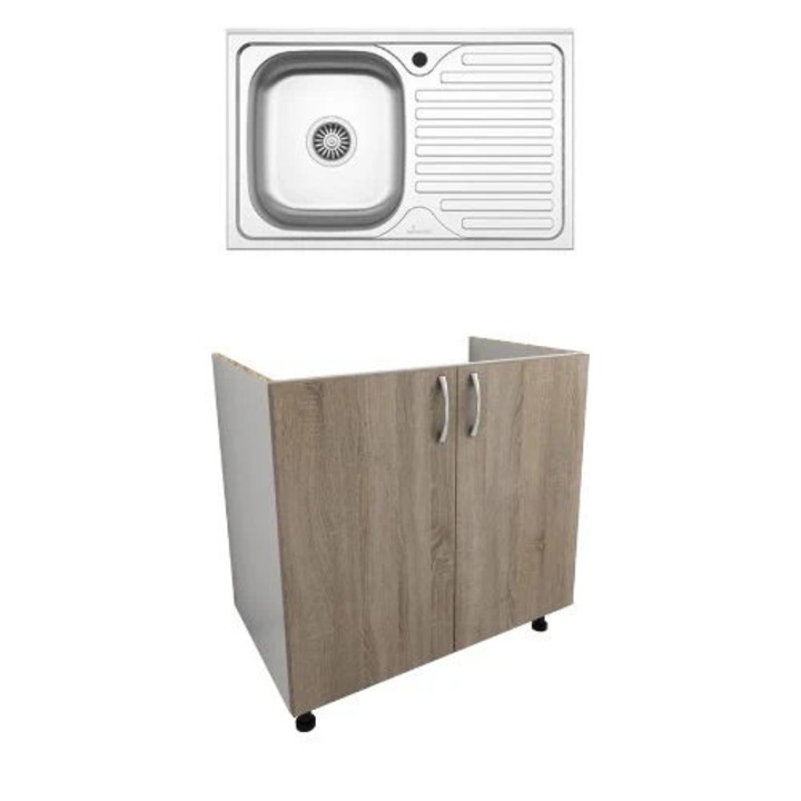 Set Masca Chiuveta haaus Karo, Stejar Sonoma Inchis/Alb, 80 x 50 x 80 cm, Chiuveta Inox, Cuva stanga