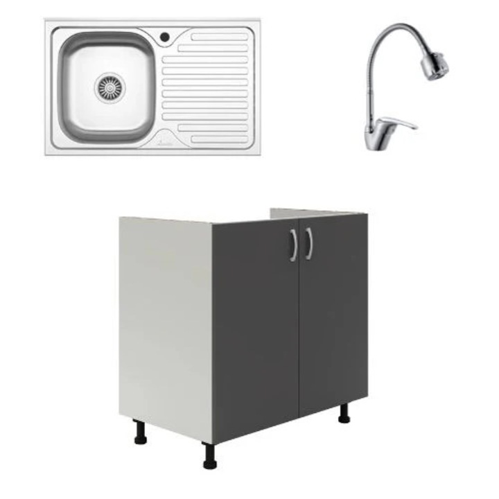 Set Masca Chiuveta haaus Karo, Antracit/Alb, 80 x 50 x 80 cm, Chiuveta Inox, Cuva stanga, Baterie Flexibila