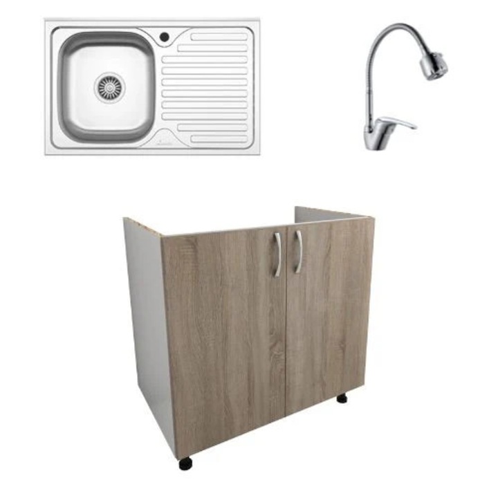 Set Masca Chiuveta haaus Karo, Stejar Sonoma Inchis/Alb, 80 x 50 x 80 cm, Chiuveta Inox, Cuva stanga, Baterie Flexibila