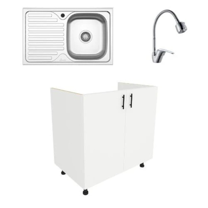 Set Masca Chiuveta haaus Karo, Alb, 80 x 50 x 80 cm, Chiuveta Inox, Cuva dreapta, Baterie Flexibila