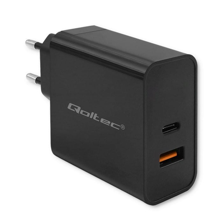 Töltő, Qoltec, 90W, 1x USB-C, 1x USB, 5-20V, 2.4-4.35A, Fekete