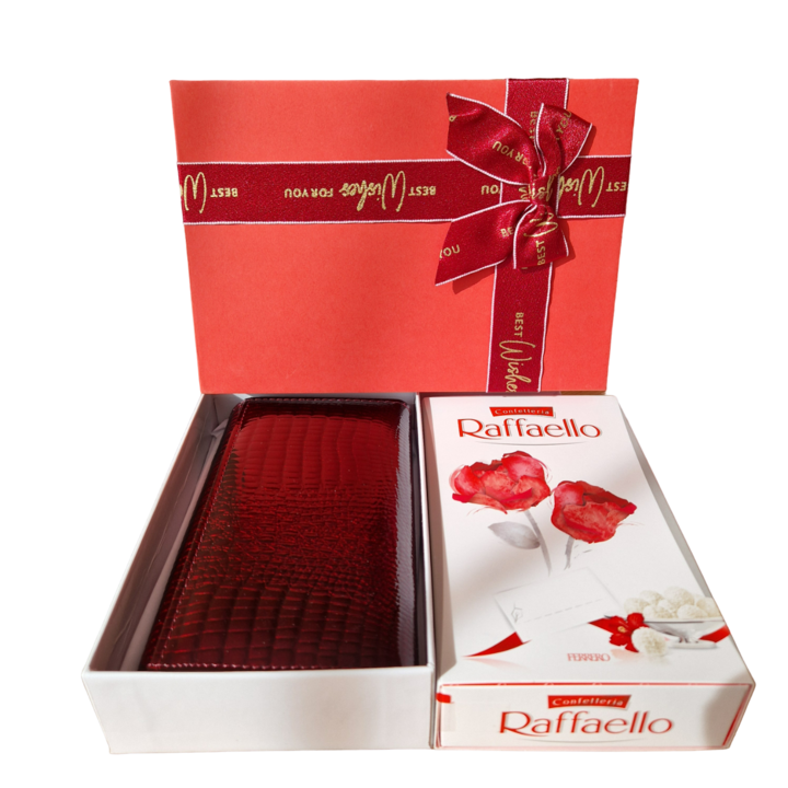Pachet Cadou pentru EA, Portofel dama Red, din piele naturala lacuita, Praline Raffaello, cutie cadou
