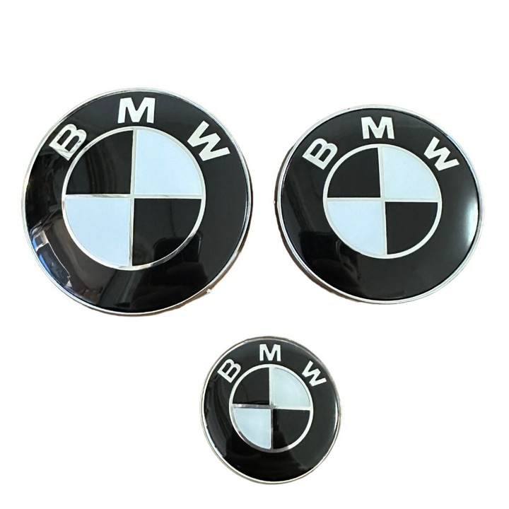 Set trei Embleme BMW, montaj pe capota/portbagaj, 82mm, 74mm si 45mm Alb Negru