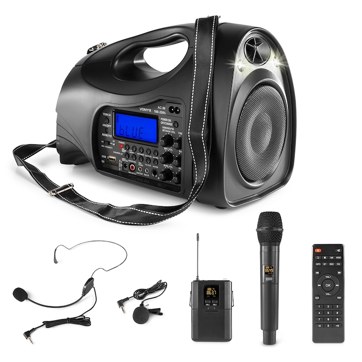 Hangszóró, elemmel és UHF mikrofonokkal, 65 W RMS, 6,5" Bluetooth/USB/SD, Vonyx ST016
