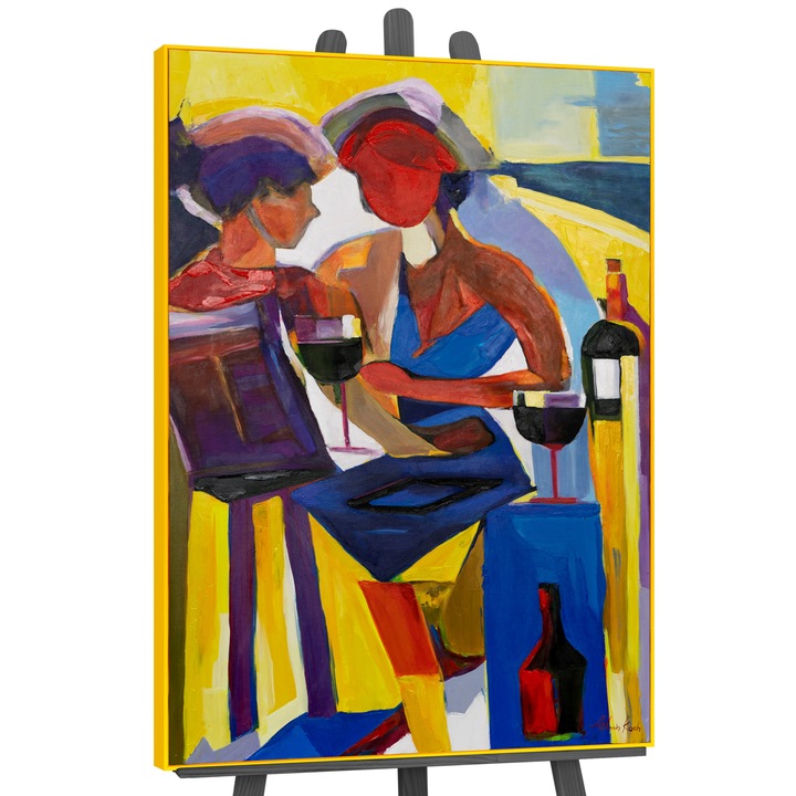 Tablou pictat manual, acrilic pe panza, Seara colorata, cu rama in Galben, 140x100 cm