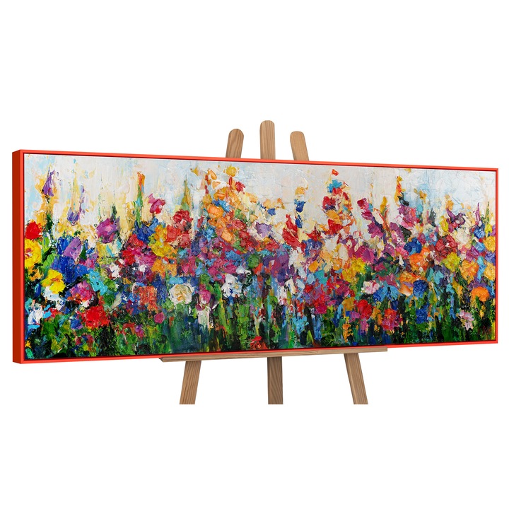 Tablou pictat manual, acrilic pe panza, Campul de culoare Swirl, cu rama in Rosu, 150x50 cm