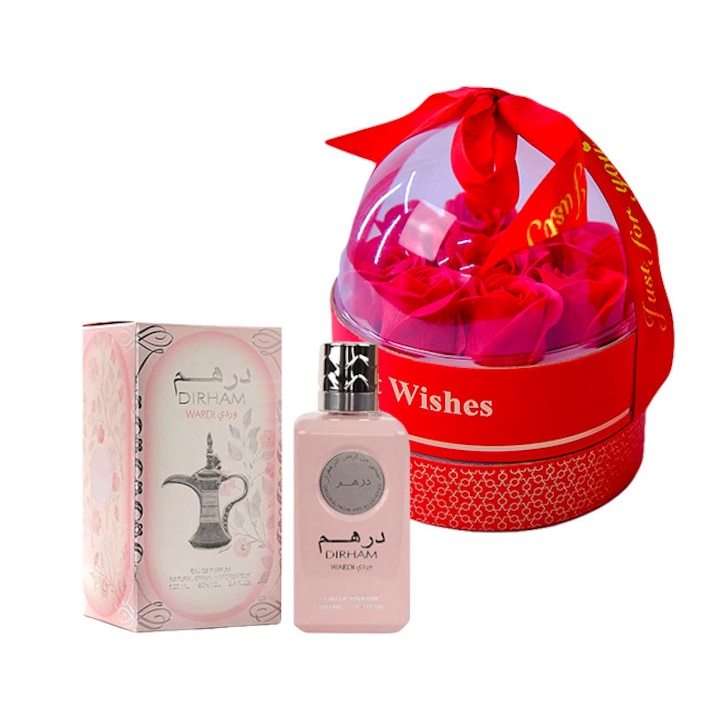Подаръчен комплект Joy Together, парфюмна вода Lattafa Dirham Wardi 100 ml + кутия със сапунени рози в купола и верижка с висулка
