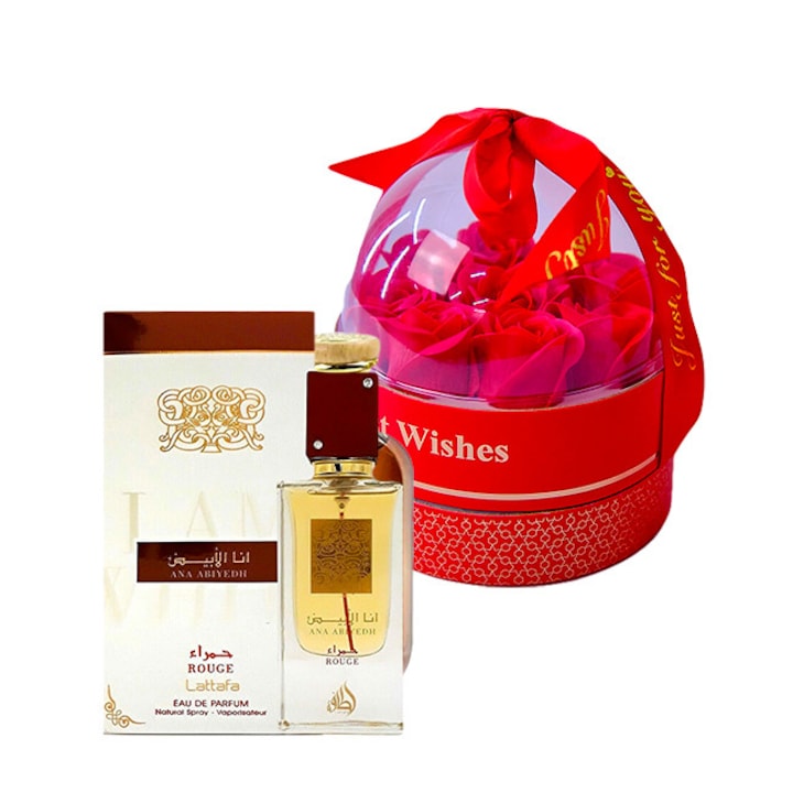 Подаръчен комплект Joy Together, Lattafa Ana Abiyedh Rouge Eau de Parfum 100 ml + кутия със сапунени рози в купола и верижка с висулка