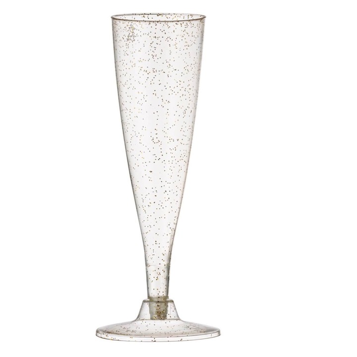 Set 6 pahare pentru sampanie Shopiens® din plastic, reutilizabile, transparente cu glitter auriu, 130 ml