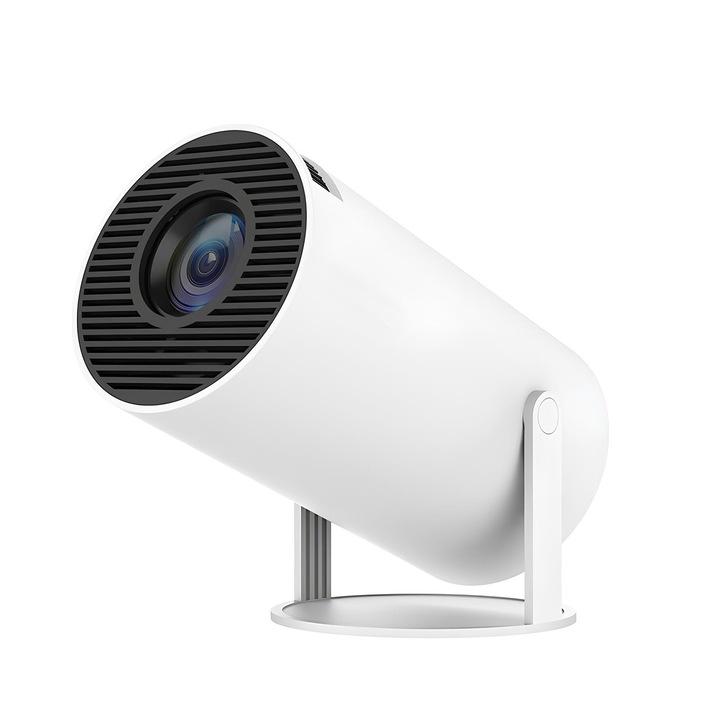 Videoproiector portabil, 120 ANSI, cu Android 11, Wi-Fi dual, Bluetooth, rezolutie 1280x720p HD, suport 4K, rotatie 180 grade, telecomanda, Functie All Round Deep Focus, conexiune HDMI, USB, Mirroring pentru Android/IOS, sundiguer, alb