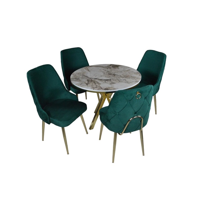 Set masa elegance, cu 4 scaune scaune, textil catifelata verde home global rotunda mdf vopsit desen marmurat 100 cm
