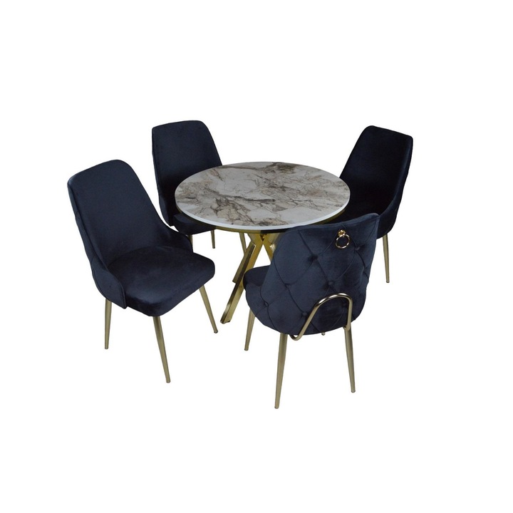 Set masa elegance, cu 4 scaune scaune textil catifelata negru home global rotunda mdf vopsit desen marmurat 100 cm