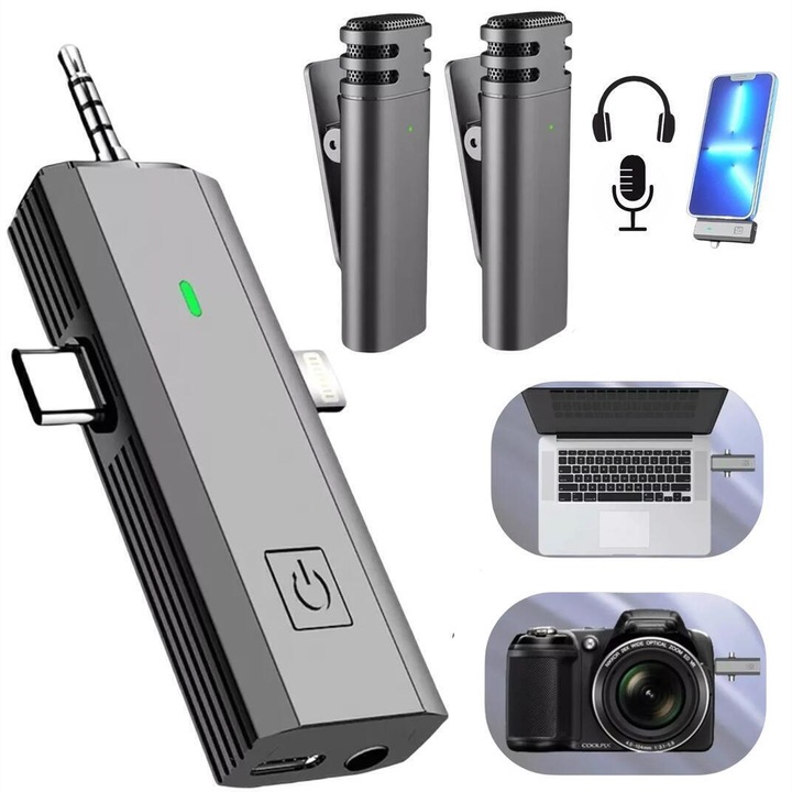 Комплект от 2 петлични микрофона, MOSMAOO, USB C, Безжично на живо, Презареждащ се, Намаляване на шума, Съвместим с телефон, лаптоп и DSLR камера, IOS и ANDROID, Предавания на живо, Черен цвят