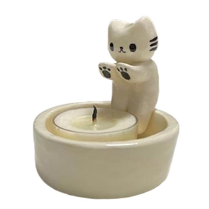 Suport de lumanare tip pisicuta, Ipsos, Alb