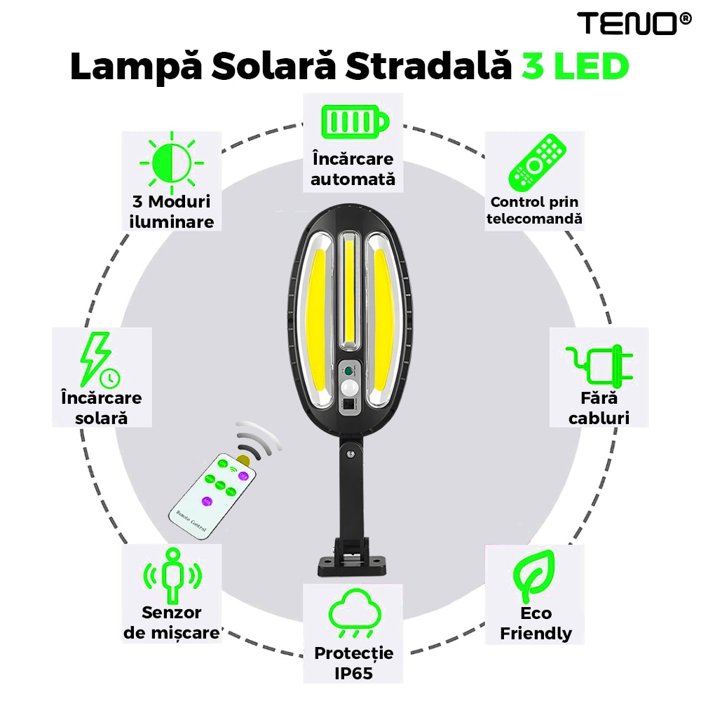 Соларна улична лампа 3 Teno® LEDs, кръгла, дистанционно управление ...