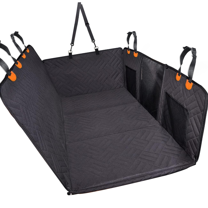 Husa scaune auto protectie si transport animale extinsa NextWave®️, insertie 3 placi pentru caini, pisici de toate taliile, pat animale, universala, impermeabila, 132 cm, Negru