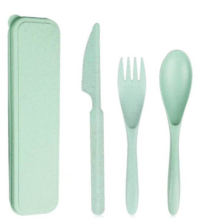 Прибори за многократна употреба с кутия, пшеница/пластмаса, зелено