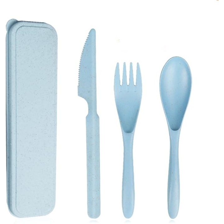 Прибори за многократна употреба с кутия, пшеница/пластмаса, синьо