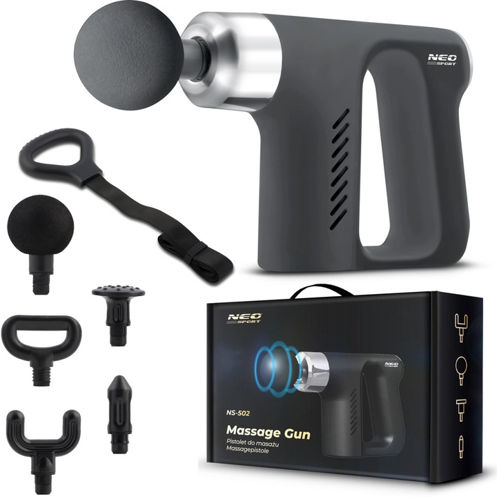 Уред за интензивен масаж, тип пистолет, 4 глави, 5 скорости, 3000 об/мин, Neo-Sport, NS-502, черен