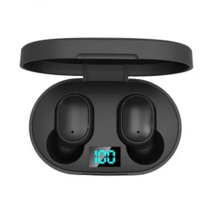 Casti wireless TWS E6S, Bluetooth 5.0, power bank cu afisaj LED, noise reduction, negre