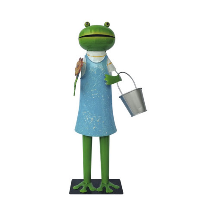 Figurina Broasca Cu Galeata Lafiora H 45 Cm, Metal, Verde Si Albastru