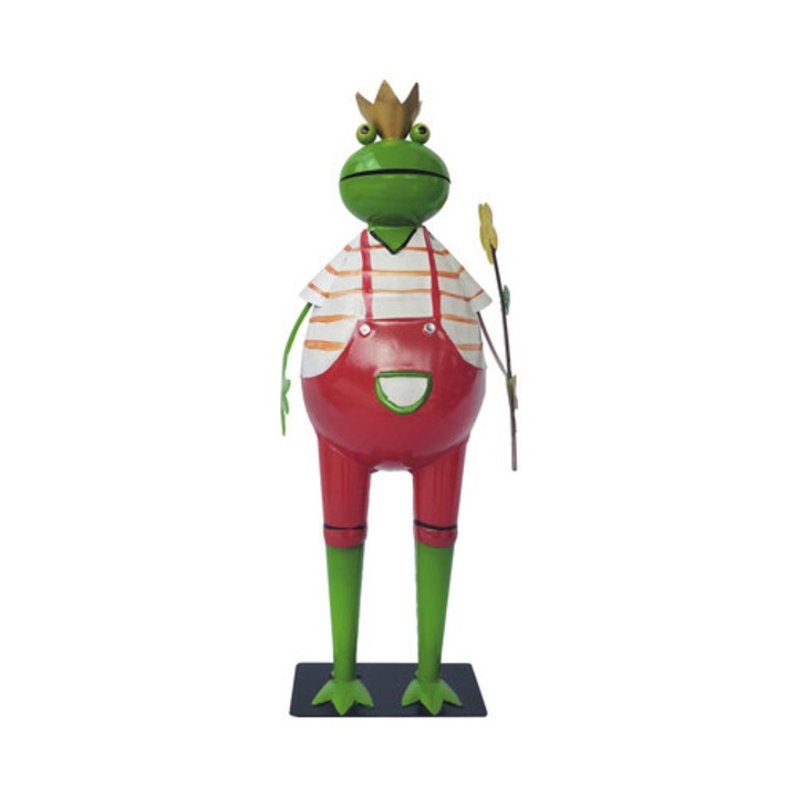 Figurina Broasca Cu Floare Lafiora H 45 Cm, Metal, Verde Si Rosu