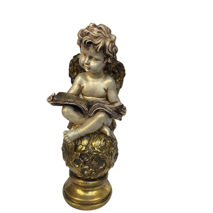 Angyal szobrocska a labdán olvasmány, antik arany H 36cm