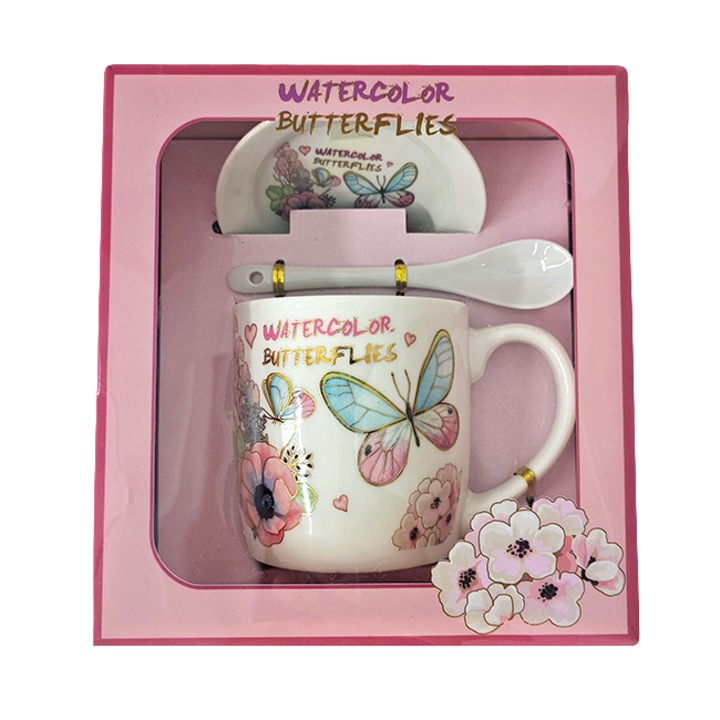 Комплект керамични чаши за чай, Energy Mug, 300 ml, с подходяща лъжица и чинийка, флорален принт, в елегантна кутия, WaterColor Butterflies Blue, Velve